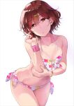  1girl bangs bare_shoulders bikini bracelet breasts brown_hair cleavage collarbone cowboy_shot eyebrows_visible_through_hair hair_ornament hairclip halterneck hand_up higuchi_madoka idolmaster idolmaster_shiny_colors jewelry leaning_forward medium_breasts mole mole_under_eye multicolored_bikini multicolored_clothes shiny shiny_hair shiroyukimajima short_hair side-tie_bikini standing swimsuit teeth wrist_cuffs 