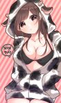  1girl 2021 absurdres animal_hood animal_print bikini black_bikini black_swimsuit breasts brown_eyes brown_hair cleavage cow_horns cow_print eyebrows_visible_through_hair highres hood hoodie horns idolmaster idolmaster_shiny_colors large_breasts long_hair looking_at_viewer solo swimsuit tsukioka_kogane yoshioka_machiko 