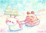  :3 animal animal_focus artist_name bisquii box bunny chibi chipi closed_mouth commentary cookie deer food no_humans original painting_(medium) pine_tree reindeer sky sled snow sparkle traditional_media tree watercolor_(medium) winter 