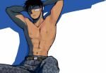  1boy abs armpits arms_behind_head arms_up bandaid bandaid_on_cheek bandaid_on_face belt black_hair black_outline camouflage camouflage_pants closed_eyes collarbone facing_viewer fullmetal_alchemist green_belt grey_pants hair_strand leaning_back male_focus messy_hair military military_uniform muscular muscular_male narrow_waist nipples outline pants parted_lips roy_mustang shade shadow sidelighting simple_background sleeping sleeping_upright spiked_hair topless_male uniform urikurage white_background 
