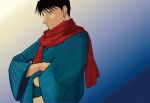  1boy beige_background black_eyes black_hair blue_background blue_kimono closed_mouth crossed_arms facing_viewer fullmetal_alchemist gradient gradient_background japanese_clothes kimono light_blue_background light_smile looking_down male_focus plaid plaid_scarf red_scarf roy_mustang scarf spiked_hair striped striped_kimono tsurime unmoving_pattern upper_body urikurage yellow_background yukata 