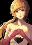 1girl bangs bare_shoulders black_background breasts cleavage closed_mouth collarbone commentary eyebrows_visible_through_hair gloves hands_on_own_chest highres kiss-shot_acerola-orion_heart-under-blade large_breasts lipstick long_hair looking_at_viewer makeup monogatari_(series) narumi_muran orange_hair oshino_shinobu red_gloves red_lips simple_background solo strapless upper_body yellow_eyes 