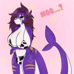  absurd_res animal_print anonymous_artist anthro big_breasts bikini breasts bulge clothing cow_print fish green_eyes gynomorph hair hi_res huge_breasts intersex long_hair marine markings purple_body purple_skin scar shark solo swimwear zachary_(starthemadman) 