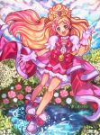  :d absurdres bare_legs blonde_hair bow center_frills cloud cure_flora earrings flower flower_earrings flower_necklace frills full_body gloves go!_princess_precure gradient_hair green_eyes hair_ornament haruno_haruka highres inkfy jewelry leaf long_hair looking_at_viewer magical_girl multicolored_hair necklace open_mouth outdoors petticoat pink_bow pink_flower pink_hair pink_rose pink_skirt precure puddle rose shiny shiny_skin shoes skirt smile streaked_hair thick_eyebrows waist_bow water white_footwear white_gloves 