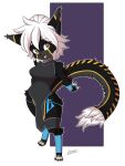  android anthro black_body clothed clothing dipstick_tail felid feline female fur fur_markings hair hi_res leaniv machine mammal markings robot short_stack signature solo solo_focus tail_markings warning_(fluff-kevlar) white_hair 
