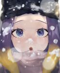  1girl absurdres azura_(azuart0) close-up face highres hololive hololive_english ninomae_ina&#039;nis open_mouth purple_eyes purple_hair scarf snow snow_on_head snow_on_headwear tentacle_hair virtual_youtuber winter winter_clothes 