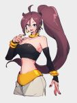  1girl :d ahoge alternate_hairstyle android_21 bare_shoulders black_nails blue_eyes breasts choker cleavage collarbone dragon_ball dragon_ball_fighterz earrings hair_between_eyes hoop_earrings jewelry kemachiku long_hair looking_at_viewer majin_android_21 medium_breasts midriff nail_polish navel ponytail red_hair smile solo teeth upper_teeth yellow_choker 