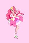  1girl :d bare_legs bow bunny choker creature cure_grace curtsey earrings flower footwear_bow gloves green_bow hair_bun hair_flower hair_ornament hanadera_nodoka healin&#039;_good_precure healing_animal heart heart_hair_ornament highres jewelry layered_skirt long_hair looking_at_viewer magical_girl open_mouth pink_background pink_choker pink_eyes pink_flower pink_hair pink_rose pink_skirt pink_theme precure purple_skirt rabirin_(precure) rose shoes simple_background skirt smile strawberrylove2525 white_footwear white_gloves white_skirt 