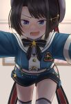  1girl beret black_hair black_neckwear blue_eyes blue_jacket blue_shorts blurry blurry_background blush bow bowtie cake506 commentary_request cowboy_shot hair_ornament hat highres hololive indoors jacket oozora_subaru open_mouth pov sailor_collar shorts smile solo thighhighs 