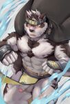  1boy abs ainu_clothes animal_ears bara blush bulge chest_hair clothes_lift flaccid foreskin furry furry_male grey_fur grey_hair headband highres horkeu_kamui jacket jacket_on_shoulders large_pectorals male_focus multicolored_hair muscular muscular_male navel navel_hair nipples no_male_underwear no_shirt pectorals pelvic_curtain pelvic_curtain_lift penis penis_peek short_hair silver_hair solo stomach taki_kaze testicle_peek thick_thighs thighs tokyo_afterschool_summoners topless_male two-tone_fur two-tone_hair uncensored white_fur wolf_boy wolf_ears yellow_eyes 