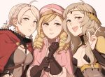  1boy 2girls ahoge bangs blonde_hair blue_eyes bodystocking braid breast_cutout cape capelet chest_harness fire_emblem fire_emblem_fates forrest_(fire_emblem) gloves grey_eyes harness hat highres hood hooded_capelet leather leather_gloves long_hair looking_at_viewer multiple_girls nina_(fire_emblem) ophelia_(fire_emblem) otoko_no_ko peach11_01 turtleneck twin_braids upper_body 