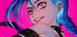  1girl bangs bare_shoulders braid from_side green_hair grin hair_between_eyes highres jinx_(league_of_legends) league_of_legends long_hair looking_at_viewer pink_background pink_eyes shiny shiny_hair signature smile solo teeth tero_(terotero3187) twin_braids 