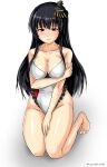  1girl barefoot black_hair breasts casual_one-piece_swimsuit cleavage embarrassed full_body fusou_(kancolle) hair_ornament kantai_collection kneeling kudou_(ooabareteng) large_breasts long_hair looking_down official_alternate_costume one-hour_drawing_challenge one-piece_swimsuit red_eyes simple_background solo swimsuit white_background white_swimsuit 