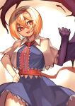  1girl alice_margatroid bangs blonde_hair blue_dress bois_de_justice breasts capelet collared_capelet commentary_request cookie_(touhou) cowboy_shot dies_irae dress frilled_hairband frilled_neckwear frilled_sash frills hair_between_eyes hairband hand_on_hip head_tilt highres hinase_(cookie) looking_to_the_side medium_breasts necktie okasan01 open_mouth red_eyes red_hairband red_necktie red_sash sash shinza_bansho_series short_hair smile solo touhou white_capelet 