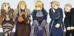  5girls absurdres adjusting_clothes agrias_oaks ahoge aqua_eyes armor artoria_pendragon_(fate) black_necktie blonde_hair blue_eyes braid breastplate brown_eyes brown_gloves character_request closed_eyes closed_mouth copyright_request earrings eyelashes fate_(series) final_fantasy final_fantasy_tactics fingernails formal fullmetal_alchemist gauntlets gloves grey_background half-closed_eyes highres hood hood_down jewelry knbn_0728 light_blue_eyes long_eyelashes long_hair looking_at_another medium_hair multiple_girls necktie open_mouth parted_lips pauldrons riza_hawkeye saber shingeki_no_kyojin short_hair shoulder_armor simple_background sitting smile suit surprised teeth tied_hair tongue uniform upper_teeth vambraces wide-eyed 