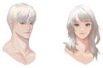  1boy 1girl blue_eyes blue_eyeshadow closed_mouth collarbone eyeshadow face grey_eyes head instant_ip long_hair looking_at_viewer makeup original painterly simple_background smile white_background white_hair 