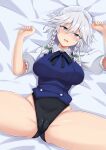  1girl absurdres blue_eyes blush breasts cameltoe hair_between_eyes hands_up highres izayoi_sakuya large_breasts looking_at_viewer lying maid_headdress medium_hair on_back parted_lips silver_hair solo spread_legs thighs touhou wuwusan 