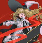  1girl absurdres black_cape black_gloves blonde_hair cape dress eitri_(fire_emblem) evil_smile feh_xeri fire_emblem fire_emblem_heroes gloves hat highres large_hat long_hair looking_at_viewer messy_hair pantyhose pelvic_curtain pink_eyes sharp_teeth short_dress smile solo teeth tri_tails white_cape white_dress witch_hat 