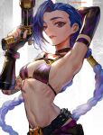  1girl arched_back arm_behind_head arm_up armpits artist_name asymmetrical_bangs bangs belt blue_hair braid breasts cloud_tattoo commentary_request danann fingerless_gloves gloves grey_background gun hand_up highres holding holding_gun holding_weapon jinx_(league_of_legends) league_of_legends long_hair looking_at_viewer pants parted_lips pink_eyes pink_pants presenting_armpit purple_belt small_breasts solo striped striped_pants teeth twin_braids weapon 