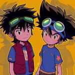  2boys blue_shirt brown_eyes brown_hair character_request child closed_mouth digimon goggles goggles_on_head hair_between_eyes jacket looking_at_viewer male_focus multiple_boys pu_lyong shirt short_sleeves yellow_background 