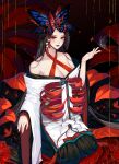  1girl absurdres black_hair breasts bug butterfly butterfly_hair_ornament cleavage eyeshadow flower from_above from_side hair_ornament halterneck higanbana_(onmyoji) highres large_breasts lipstick long_hair looking_at_viewer makeup nail_polish onmyoji outstretched_hand red_eyes red_lips red_nails rhode seiza sitting smile solo spider_lily very_long_hair wide_sleeves 