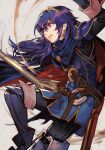  1girl bangs belt black_sweater blue_cape blue_eyes blue_hair brown_belt cape falchion_(fire_emblem) fire_emblem fire_emblem_awakening floating_hair food hair_between_eyes holding holding_food holding_weapon hungry_clicker long_hair long_sleeves looking_away lucina_(fire_emblem) red_cape ribbed_sweater sheath solo sweater sword teeth tiara torn_cape torn_clothes two-tone_cape weapon 