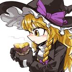  1girl amerika_zarigani bangs black_coat black_gloves black_headwear blonde_hair blowing blush bow braid buttons coat commentary_request cookie_(touhou) eyebrows_visible_through_hair food frilled_hat frills gloves hair_bow hat hat_bow highres holding holding_food kirisame_marisa long_hair looking_at_food open_mouth purple_bow rei_(cookie) side_braid simple_background single_braid solo steam sweet_potato touhou upper_body white_background witch_hat yellow_eyes 