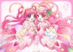  2girls :d absurdres back_bow blush bow cowboy_shot cure_dream cure_grace dream_cure_grace dress earrings flower frills gloves hair_bun hair_flower hair_ornament hair_rings hanadera_nodoka healin&#039;_good_precure healin&#039;_good_precure:_yume_no_machi_de_kyun!_tto_gogo!_daihenshin!! heart highres holding_hands huge_bow jewelry kazusa_hiyori long_hair looking_at_viewer magical_girl multicolored_bow multiple_girls open_mouth outstretched_hand pink_coat pink_eyes pink_flower pink_hair pink_rose pink_theme precure puffy_sleeves purple_eyes ring rose smile standing symmetry twitter_username white_dress white_gloves yes!_precure_5 yes!_precure_5_gogo! yumehara_nozomi 