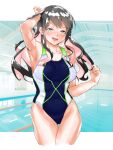  1girl black_hair black_swimsuit breasts competition_swimsuit covered_navel eyebrows_visible_through_hair hair_between_eyes hair_down highres igarasy indoors kantai_collection large_breasts looking_at_viewer naganami_(kancolle) one-piece_swimsuit pink_hair pool rei_no_pool solo swimsuit water white_swimsuit 