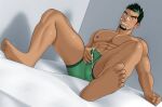  1boy abs bandaid bandaid_on_nose bara black_hair blush boxer_briefs bulge crotch_grab cum cum_in_clothes cum_through_clothes dark-skinned_male dark_skin facial_hair feet goatee green_hair green_male_underwear highres jashin_doruton kyoichi_(live_a_hero) large_pectorals live_a_hero looking_at_viewer male_focus male_underwear muscular muscular_male nipples pectorals seductive_smile short_hair sideburns sitting smile soles solo spread_legs stomach thick_thighs thighs toes topless_male underwear 