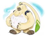  ahoge angoramon anthro bandai_namco belly belt digimon digimon_(species) digimon_ghost_game featherhead fluffy fur hair hair_over_eyes lagomorph leporid long_ears male mammal neck_tuft overweight rabbit solo tuft white_belly yellow_body yellow_fur 