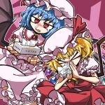  &gt;_&lt; 2girls alice_margatroid amerika_zarigani ascot bangs black_wings blonde_hair blowing_nose blue_hair blush closed_eyes commentary_request cookie_(touhou) cowboy_shot crystal demon_wings dutch_angle eyebrows_visible_through_hair fang flandre_scarlet frilled_shirt frilled_shirt_collar frilled_skirt frilled_sleeves frills hat highres hinase_(cookie) looking_at_viewer mob_cap multiple_girls open_mouth pink_background pink_headwear pink_shirt pink_skirt puffy_short_sleeves puffy_sleeves red_eyes red_sash red_skirt red_vest remilia_scarlet sakura_(cookie) sash shirt short_hair short_sleeves skirt tissue tissue_box touhou vest wings yellow_ascot yuno_(cookie) 