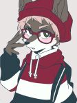  2021 absurd_res adjusting_glasses anthro backpack beanie black_clothing clothing eyewear glasses hat headgear headwear hi_res hoodie looking_at_viewer male mammal manadezimon red_clothing simple_background solo topwear white_clothing 