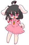  1girl animal_ears black_hair carrot_necklace dress floppy_ears frilled_dress frilled_sleeves frills highres inaba_tewi op_na_yarou pink_dress pink_eyes puffy_short_sleeves puffy_sleeves rabbit_ears rabbit_tail ribbon-trimmed_dress short_dress short_hair short_sleeves simple_background solo tail touhou white_background 