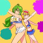  +_+ 2girls ahoge alice_margatroid bangs blonde_hair blue_shirt blue_skin breasts cheerleader closed_mouth clothes_writing colored_skin commentary_request cookie_(touhou) crop_top facepaint feet_out_of_frame flat_chest frilled_hairband frills green_eyes green_hair hairband highres huge_breasts kochiya_sanae long_hair looking_at_viewer midriff miniskirt multiple_girls navel open_mouth parody paseri_(cookie) pom_pom_(cheerleading) purple_eyes red_hairband scotch_(cookie)_(style) shirt short_hair simple_background skirt sleeveless sleeveless_shirt smile style_parody tagechan taisa_(cookie) touhou white_shirt white_skirt yellow_background 