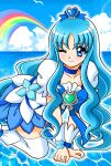  1girl all_fours bird blue_choker blue_dress blue_eyes blue_hair brooch choker cloud cloudy_sky collarbone cure_marine dress heartcatch_precure! highres jewelry kneeling kurumi_erika long_hair looking_at_viewer magical_girl nagaigoz ocean one_eye_closed precure puffy_short_sleeves puffy_sleeves rainbow seagull short_sleeves sky solo thighhighs water white_dress white_legwear 