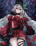  1girl absurdres apt arknights breasts clothing_cutout detached_sleeves dress gloves hat highres large_breasts long_hair navel navel_cutout red_dress red_eyes signature silver_hair skadi_(arknights) skadi_the_corrupting_heart_(arknights) very_long_hair wide_sleeves 