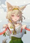  1girl :p animal_ear_fluff animal_ears arknights bare_shoulders beanstalk_(arknights) beanstalk_(gift_uncompleted)_(arknights) bell blush braid brown_hair closed_mouth collarbone covered_navel gradient gradient_background green_hairband green_ribbon grey_background hair_over_shoulder hair_ribbon hairband highres ling_huanxiang long_hair long_sleeves looking_at_viewer neck_bell neck_garter off-shoulder_sweater off_shoulder official_alternate_costume red_eyes ribbon single_braid smile solo star_(symbol) sweater tail tongue tongue_out upper_body white_sweater 