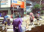  &gt;_&lt; ahoge bag blue_eyes blue_hair city closed_eyes crosswalk glasses green_eyes hiiragi_kagami hiiragi_tsukasa izumi_konata kawaguchi_youhei long_hair lucky_star multiple_girls outdoors pantyhose pavement pink_hair pointing purple_hair ribbon road ryouou_school_uniform school_bag school_uniform serafuku shadow shop short_hair storm street tactile_paving takara_miyuki twintails 