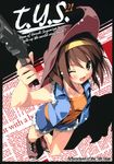  brown_hair gun handgun highres holding holding_gun holding_weapon kantoku revolver short_hair solo suzumiya_haruhi suzumiya_haruhi_no_yuuutsu weapon 