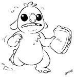  2019 3_toes aliasing alien antennae black_and_white chest_tuft disney experiment_(species) food fur holding_food holding_object lilo_and_stitch low_res monochrome oldroots open_mouth reuben running sandwich_(food) signature simple_background sketch slightly_chubby solo sweat toes tuft white_background 