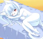  1girl albino animal_ears ass barefoot blush breasts cat_ears cat_tail feet fetal_position furry long_hair lying nude pussy red_eyes sleepy solo tail toes white_hair wink 