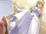  alcohol blonde_hair blue_eyes blush breast_slip breasts breasts_outside bride censored champagne dress dress_pull elbow_gloves feet femdom footjob from_below glass gloves hime_to_boin nipples one_breast_out open_mouth princess_juliette shoejob tiara wedding_dress 