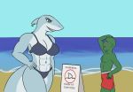  abs anon anthro beach bikini blush breasts clothing digital_media_(artwork) english_text female fin fin_piercing fish furgonomics furry-specific_piercing green_body green_eyes hand_on_hip human kascz male mammal marine muscular muscular_female navel piercing seaside shark sign smile swimsuit tall text 