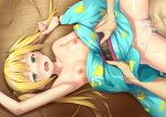  1boy 1girl :o alexmaster armpits belt blonde_hair blue_kimono blush breasts censored clothed_female_nude_male clothed_sex cum cum_in_pussy fennel_(flower_knight_girl) floral_print flower_knight_girl game_cg green_eyes hair_ornament hetero japanese_clothes kimono long_hair lying medium_breasts missionary mosaic_censoring nipples nude official_art on_back open_mouth overflow penis print_kimono sex shiny shiny_skin spread_legs sweat torso_grab twintails vaginal 