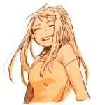  1girl :d ^_^ arms_at_sides bangs breasts clenched_teeth closed_eyes earrings eyes_closed floating_hair food fruit fullmetal_alchemist happy igi_(tarqu0ise) jewelry long_hair medium_breasts monochrome open_mouth orange ponytail shirt short_sleeves simple_background smile solo teeth upper_body white_background winry_rockbell 