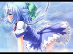  all_fours barefoot bdsm blue_eyes blue_hair bow chain cirno collar cum cum_string etogami_kazuya hair_bow highres letterboxed profile short_hair solo touhou wallpaper wings zoom_layer 