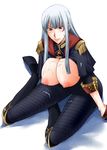  areolae bangs blush boots breasts cum cum_on_body cum_on_breasts cum_on_clothes cum_on_lower_body cum_on_upper_body frown huge_breasts karuken long_hair nipples on_floor open_clothes pantyhose red_eyes selvaria_bles senjou_no_valkyria silver_hair solo sweat thigh_boots thighhighs 