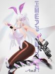  absurdres animal_ears breasts bunny_ears bunnygirl bunnysuit cleavage frolaytia_capistrano gun hair_bun hair_pin heavy_object high_heels highres huge_breasts long_hair pantyhose pcelltx purple_eyes silver_hair smile weapon 