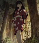  black_eyes black_hair dororo_(tezuka) flower_pattern highres japanese_clothes kimono mio_(dororo) red_kimono stitched third-party_edit tree tree_shade 